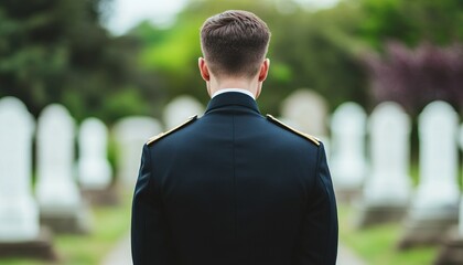 A solemn figure in uniform standing in a cemetery, reflecting on memories and honoring the past amidst white gravestones.