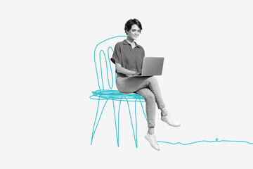 Sticker - Composite photo collage of happy girl freelancer sit drawing stool type laptop distance work professional isolated on painted background