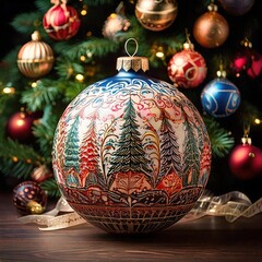 Elegant Hand-Painted Christmas Bauble Showcasing a Whimsical Hygge Design with Vibrant Colors Perfect for Holiday Decor and Seasonal Celebrations, Bringing Warmth and Cheer to Any Home