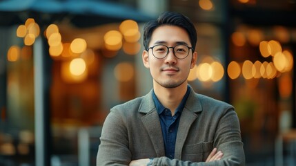 Poster - Portrait of a Young Asian Man in Glasses with a City Lights Background