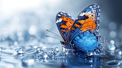 Wall Mural - A blue butterfly with orange and white markings sits on the surface of water, surrounded by water droplets.