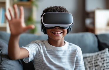 Black teenage boy wearing a virtual reality headset sitting on a sofa in a living room at home