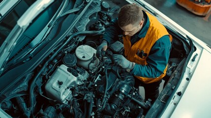 Under the hood. A car mechanic working on the engine of a white car in a modern workshop, car repairs concept, top view