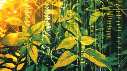 Green leaves with glowing lines of data flowing through them.