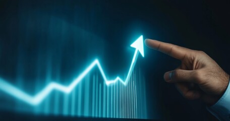 Businessman interacting with a glowing upward graph, illustrating a concept of business growth and strategic market development.