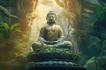 Hindu ancient religious buddha statue in dense tropical forest jungle.