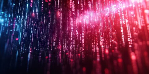  Abstract scene with glowing digital lights and binary data falling like rain, representing modern technology, coding, and the digital world.