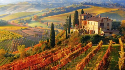 Wall Mural - Rural Italian Villa Surrounded by Autumnal Vineyards and Rolling Hills