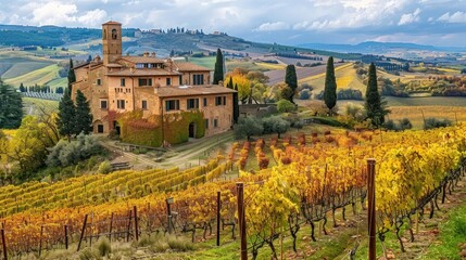 Poster - Rustic Italian Farmhouse Amidst Rolling Hills and Autumnal Vineyards