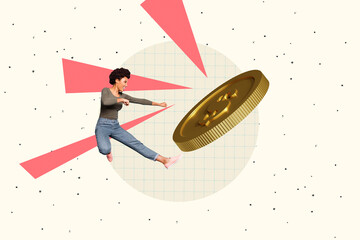 Sticker - Creative collage picture young energetic girl fight kick karate martial arts golden coin dollar finance dollar rich wealthy