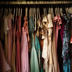 A vibrant collection of elegant dresses hanging neatly in a wardrobe, showcasing various styles and colors for fashion inspiration.