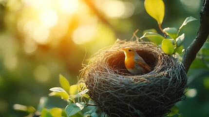 Wall Mural - A small bird sits in a nest made of twigs in a tree, with the sun shining through the leaves behind it.