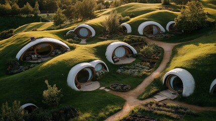 Wall Mural - Aerial view of hobbit-style houses integrated into grassy hills with round doors and windows, surrounded by lush greenery and garden pathways in a tranquil natural setting.