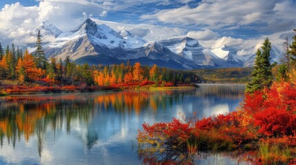 Poster - Autumnal Reflections of Snow-Capped Mountains in a Serene Lake