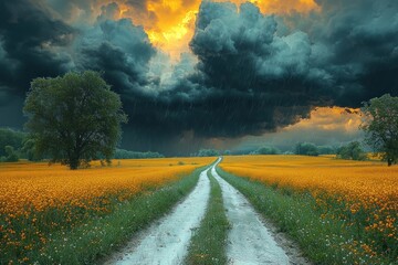 Wall Mural - Storm clouds and rain over a dirt road through vibrant yellow flower fields creating a dramatic rural landscape Generative AI