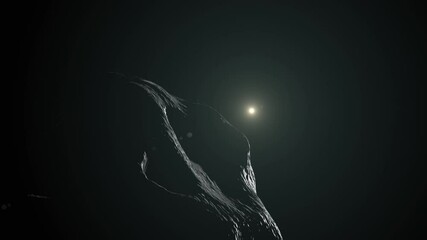 Wall Mural - Lone Asteroid Slowing Roating Through Space in the Asteroid Belt in the Solar System with Distant Sun Flare. High Quality 3D Animation ProRes 4K