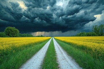 Wall Mural - Storm clouds and rain over a dirt road through vibrant yellow flower fields creating a dramatic rural landscape Generative AI