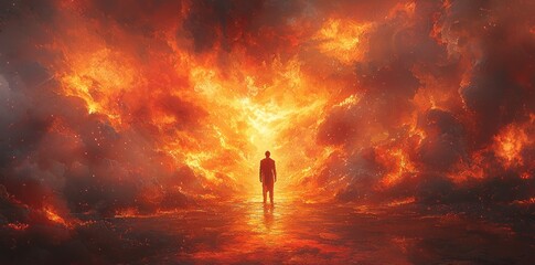 Wall Mural - Silhouette of a man standing before an explosion of fiery light in a dramatic and surreal landscape Generative AI