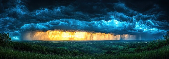 Wall Mural - Massive storm with heavy rainfall and dark clouds over a lush green landscape at sunset creating a dramatic sky Generative AI