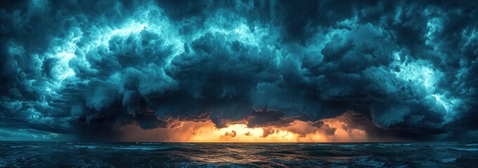 Wall Mural - Massive storm with heavy rainfall and dark clouds over a lush green landscape at sunset creating a dramatic sky Generative AI