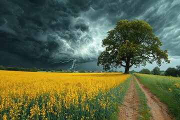 Wall Mural - Dark storm clouds and lightning over a dirt road through yellow flower field with a lone tree creating a dramatic rural landscape Generative AI