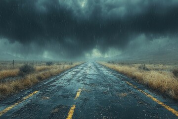 Wall Mural - Dramatic road stretching into the horizon under dark storm clouds with a glowing sunset in the distance Generative AI