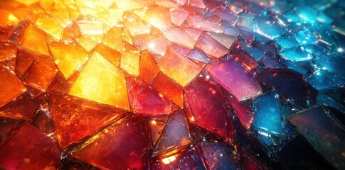 Wall Mural - Close-up of vibrant stained glass with colorful patterns illuminated by warm light Generative AI