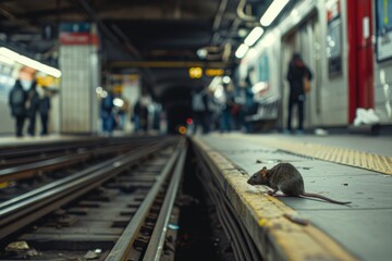 A solitary rat ventures onto a subway platform, embodying urban exploration amid bustling transit life.