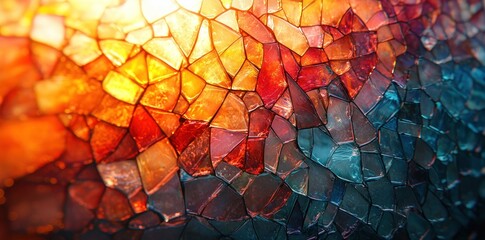 Wall Mural - Close-up of vibrant stained glass with colorful patterns illuminated by warm light Generative AI