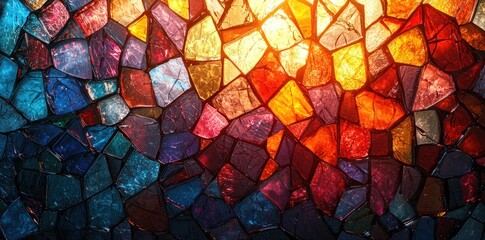 Wall Mural - Close-up of vibrant stained glass with colorful patterns illuminated by warm light Generative AI