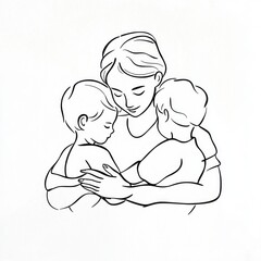 Simple line drawing of a mother holding two children in her arms Generative AI