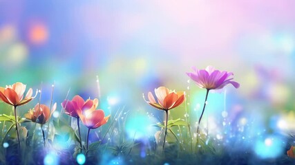 Wall Mural - Vibrant spring flowers covered in morning dew with a gentle bokeh effect.