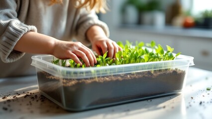 Close-Up of Child's Hands Planting Microgreens in Transparent Box on Minimalist Kitchen Counter – Natural Light, Soft Focus, Canon 5D, 50mm f/1.2