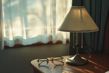 Gentle morning light filters through sheer curtains, illuminating a bedside lamp and pair of glasses, evoking a sense of calm and introspection.