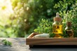 © ArthurGraphix - Herbal oil bottles on a tray surrounded by fresh herbs and greenery.