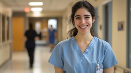 A smiling woman in blue scrubs, radiating professionalism and compassion, standing in a medical setting