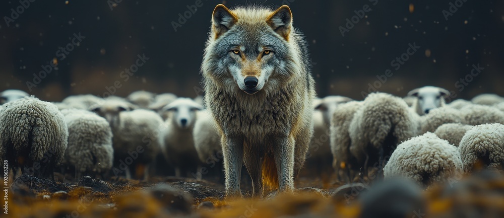 Hyper-Realistic Photograph of a Full-Body Wolf Standing Among a Flock ...