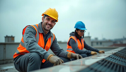 On a rooftop, two HVAC technicians in hard hats and reflective vests stand by air conditioning units. One smiles at the camera, while the other works by the units