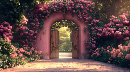 Wall Mural - A serene garden entrance adorned with blooming pink roses.