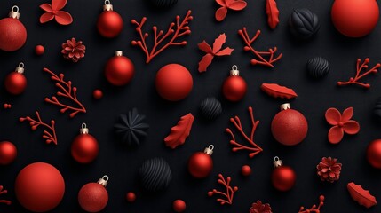 Festive arrangement of red and black Christmas ornaments on a dark background, featuring baubles, pine cones, and decorative branches