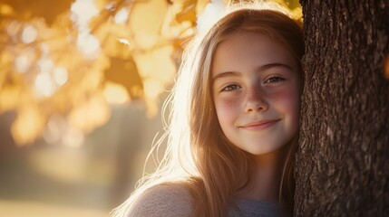 Stock minimalist photograph of a happy teenage girl with an introspective expression, leaning against a tree, surrounded by soft sunlight filtering through the leaves