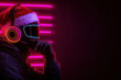 © Pui - Cyberpunk-themed Christmas celebrations in a neon-lit city with virtual Santa delivering gifts, A futuristic individual in a Santa hat, wearing vibrant headphones against a neon-lit backdrop