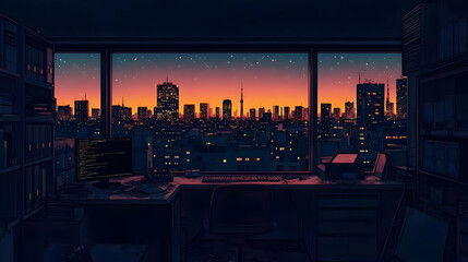 Wall Mural - A cozy office with a city skyline view at sunset.