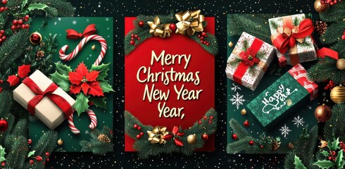 Festive holiday card with merry Christmas and happy New Year greeting, adorned with ornate decorations and wrapped gift boxes