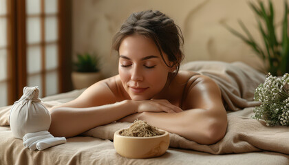 Beautiful woman relaxing in Natural therapy clinic, flowers, tranquility, mindfulness, nature therapy, mental health, nature’s healing, self-care, massage,