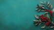 © Chuemon - Green background adorned with mistletoe, pine branches, and red berries, offering a festive nature-inspired Christmas scene