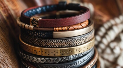 A stack of mixed-material cuff bracelets--wood, metal, and leather--styled together on a bohemian-inspired flat-lay