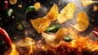 © musa - Tortilla chips and jalapeno peppers flying in front of flames and spices.