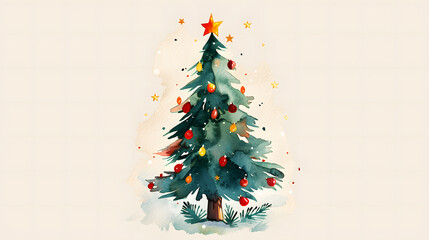 a watercolor painting of a christmas tree with stars on the top and a star on the bottom of the tree