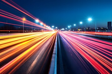 A busy urban highway at night is illuminated by dynamic light trails created by cars rushing past, highlighting the fast-paced city life and vibrant energy